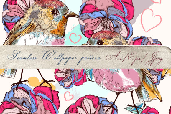 Pattern in Vintage Style Birds and Roses